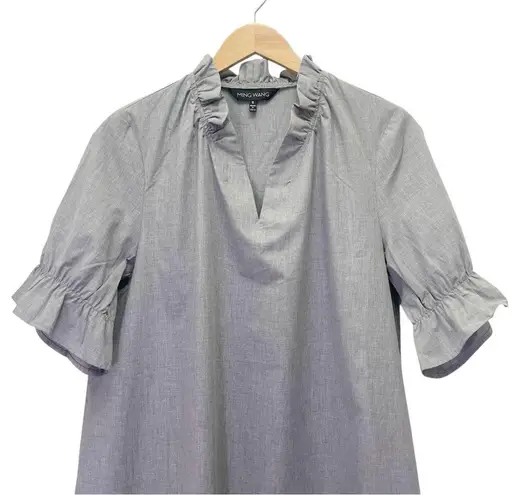Ming Wang Cotton Shift Dress Size Small Ruffle Sleeve Gray V-Neck Poplin Unlined