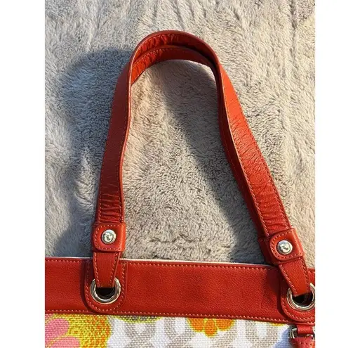 Spartina 449 Womens Size Tote Bag Floral Print Red Canvas Linen Leather Garden C