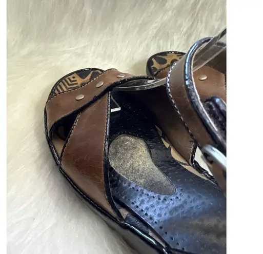 Fly London Leather Ankle Strap Wedge Sandals Studded Brown EU 39 US 8.5