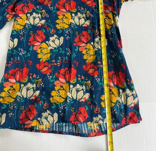 La Fiancée Tunic Mini Dress Cover Up V Neck Blouse Blue Floral Loose Fit Size M Size M