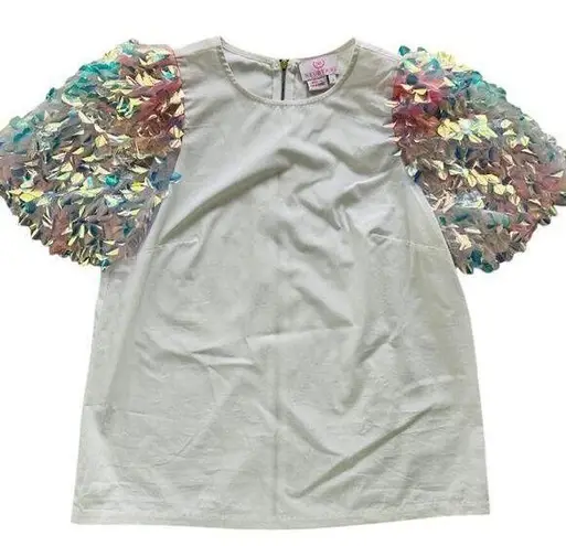 Neubyrne Ladies Sequin Puff Sleeve Blouse Size Small Cotton Party Fancy Shimmer White