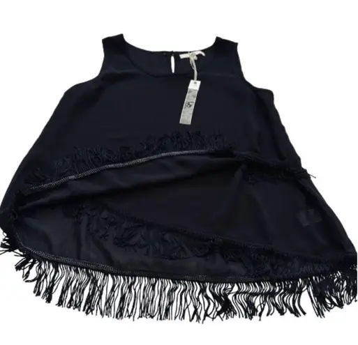 YA Los Angeles Top Blouse Black Silk Blend Sleeveless Fringe Hem Top Small NEW
