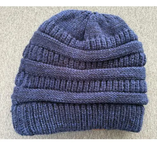 Page One | Women's Beanie Toque One Size Blue Knit Acrylic Poly Lined Ski Pom