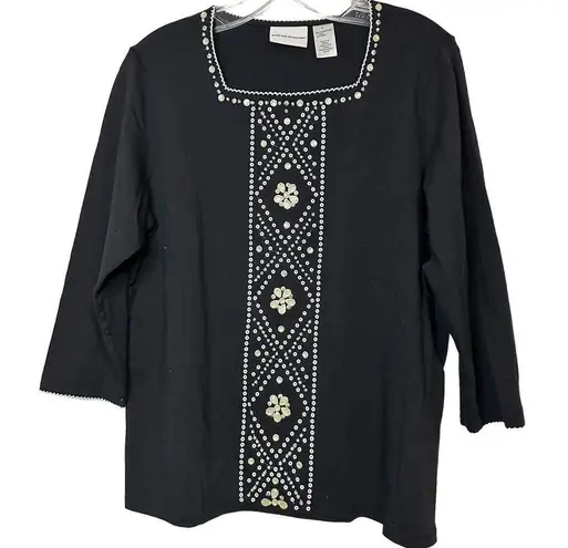 Alfred Dunner Petite Alfred Dunner Womens Black Beaded Long Sleeve Square Neck Size S Top