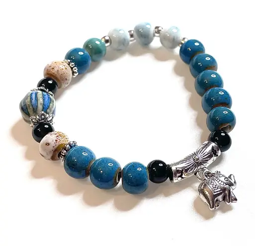 Elephant Bracelet Blue Silver Black Boho Ceramic Elastic Stretchy