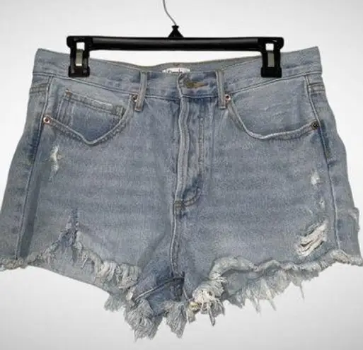 Simple Society Light Wash Blue Fringe Distressed Ripped Button Fly Jean Shorts 7