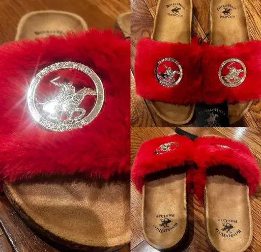 Beverly Hills Polo Club Womens Slides Sandals RED FUZZY Fur Size 7