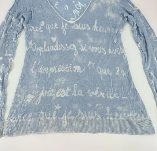 Minnie Rose French Sayings Lightweight V neck Sweater medium light blue Blue