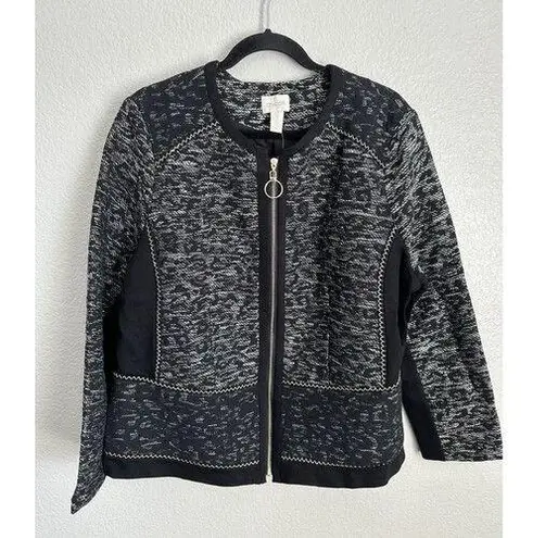 Chico's  Jacquard Jacket Womens Size 3 XL Black White Full Zip Long Sleeve Knit