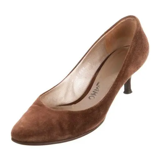 Salvatore Ferragamo Brown Suede Round Toe Kitten Heel Pumps