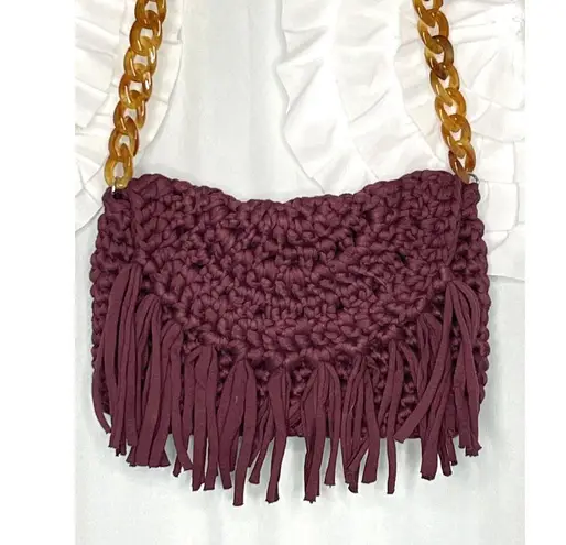 70s Burgundy Crochet Woven Boho Bohemian Bag Purse Tortoiseshell Chain Strap