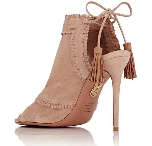 Aquazzura Colorado beige suede back-tie ankle boot booties size IT 38.5 US 8.5