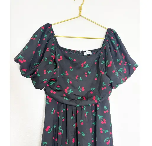 Petal & Pup Chlo Cherry Print Puff Sleeve Midi Dress Size Large Smocked Retro Black