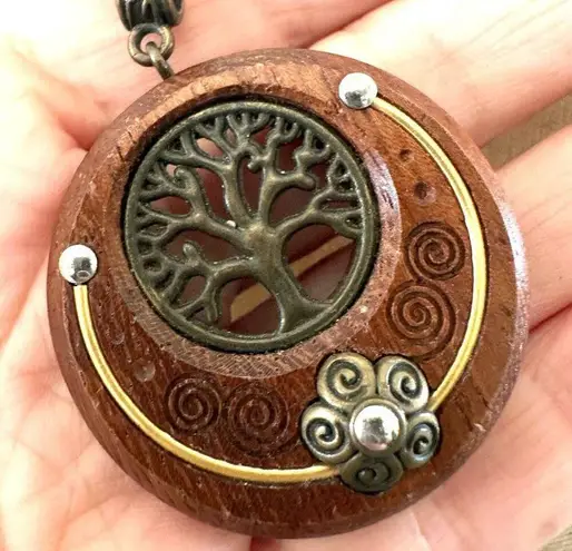 Wood tree of life pendant necklace on cord