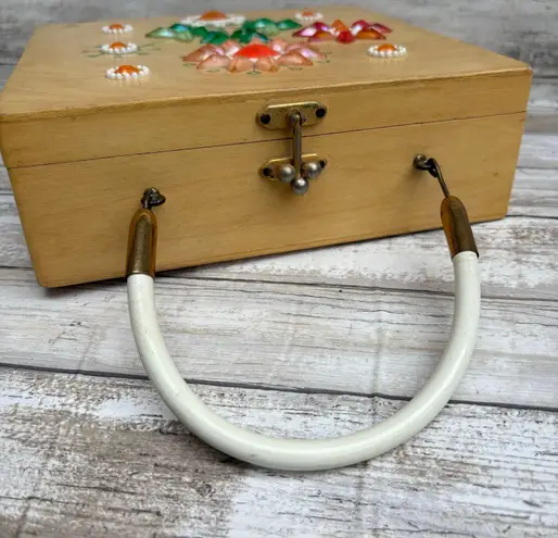VTG Enid Collins of Texas Wooden Box Purse Bejeweled Flower Power Orange Artsy Brown