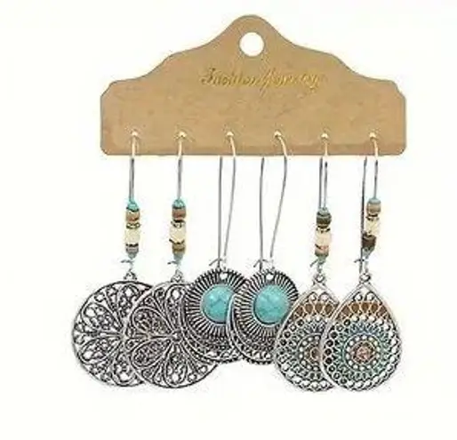 NEW Set of 3 Boho Western Silver Earrings – Beachy Bohemian Style, Turquoise