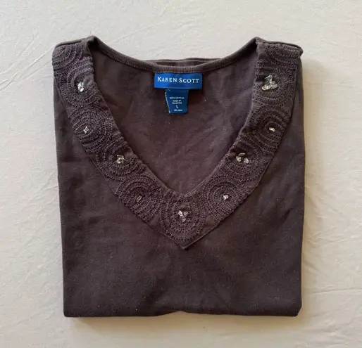 Karen Scott Y2K V-Neck Embellished Tee