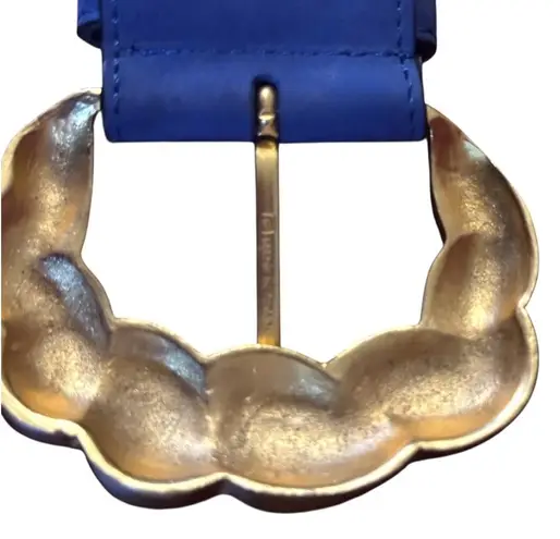 Unique Vintage AVIGNON Late 80ās Blue Suede Wide Belt w/Ornamental Gold Buckle Sz L #353 Spain