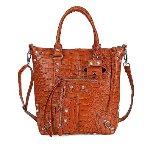 Brown Crocodile Embossed Faux Leather Crossbody Bag Tan