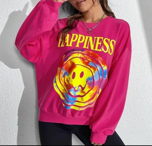 Smiley Face Happiness Graphic Print Sweatshirt XS Pink