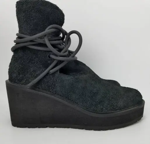 Puro Secret Wedge Platform Textured Leather Ankle Lace Up Boots Size 40 Black