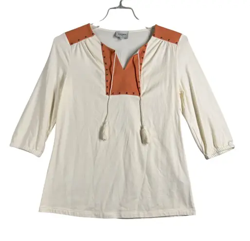 Haute Hippie Tunic Top Studded Trim 3/4 Sleeve Boho Chic Blouse Neutral Women XS