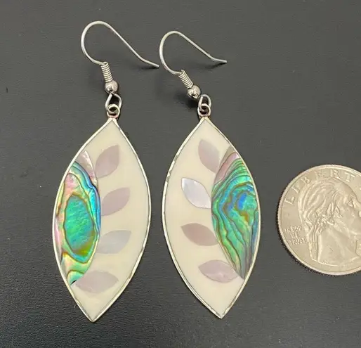 Vintage Alpaca Mexico Handcrafted MOP Abalone Inlay Mexican Silver Earrings 7g Green