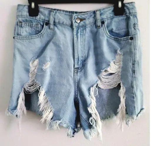 American Bazi High Waist Fringed Hem Denim Shorts Medium