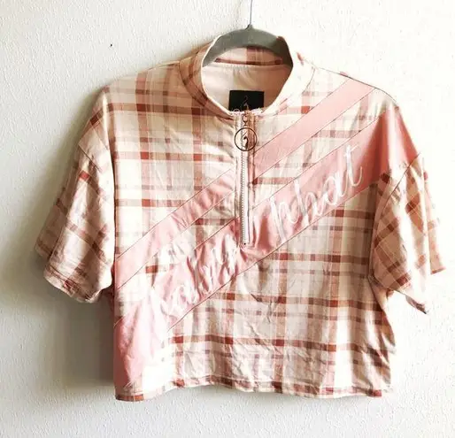 Baby Phat Cropped Top Pink Plaid Half Zip Short Sleeves Logo Sz L GUC