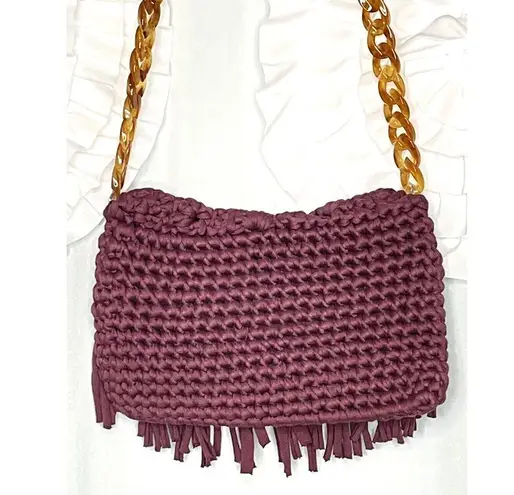 70s Burgundy Crochet Woven Boho Bohemian Bag Purse Tortoiseshell Chain Strap
