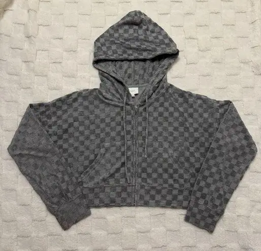NIA Gray Checkered Cropped Full Zip Hoodie Terrycloth Women’s Medium