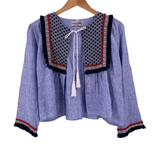 MISS LILLY Blue & White Stripe Embellished Folkloric Open Top/Cardigan Size S/M