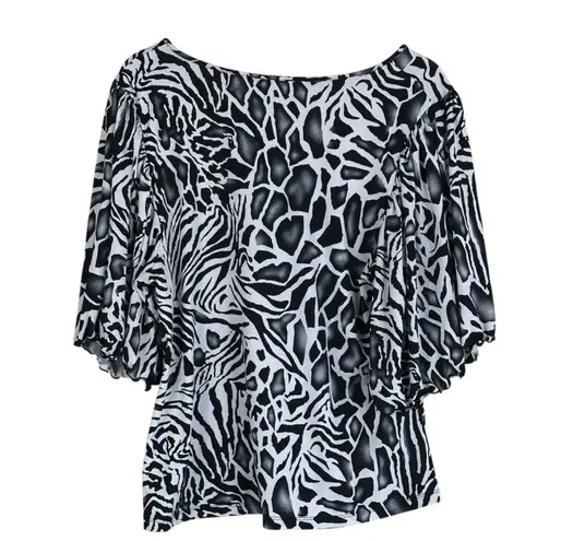 Violet+Claire Flutter Sleeve Top Womens XL Black White Animal Print Maximalist
