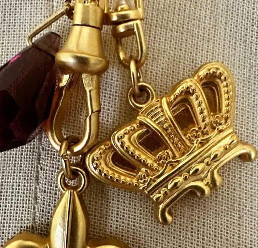 Mud Pie Gold Tone Charm Necklace Crown Key Fleur-de-Lis Purple Crystal