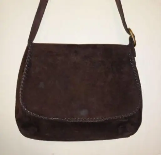 Vtg Eddie Bauer Suede Brown Hobo Adjustable Shoulder Bag-Braided Trim-Magnetic