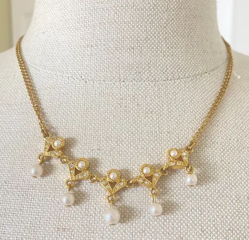 Napier gold tone pearl necklace double chain w/ faux pearls & crystal rhinestone