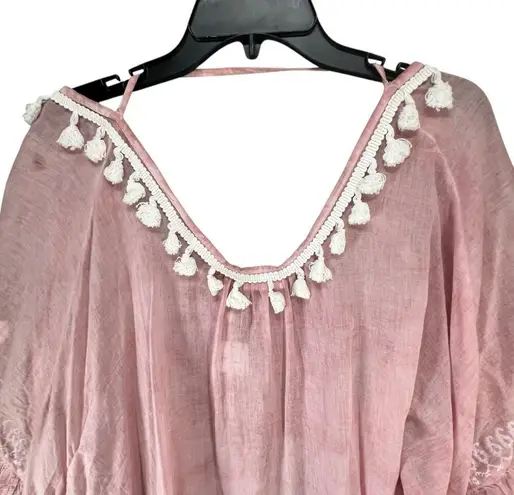 Shiraleah Romi Cover Up Top Womens OS Pink Pompom Tassel Ruffled Resort Summer Size L