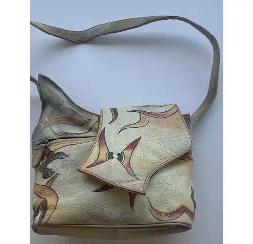 Vintage Magnifique Painted Peacock Art Leather Butterfly Floral Shoulder Bag White