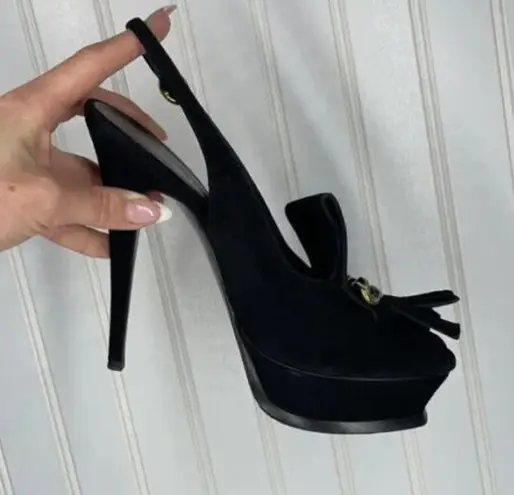 Yves Saint Laurent Black Suede Fringe Chain Open Toe Slingback Stiletto Heel 8.5