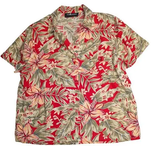 Sag Harbor Vtg 1990s Red Green Hawaiian Aloha Floral Print Button Up Top XL