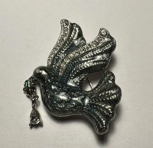 Monet Dove Bird Enamel & Rhinestone Silver Brooch Pin Signed