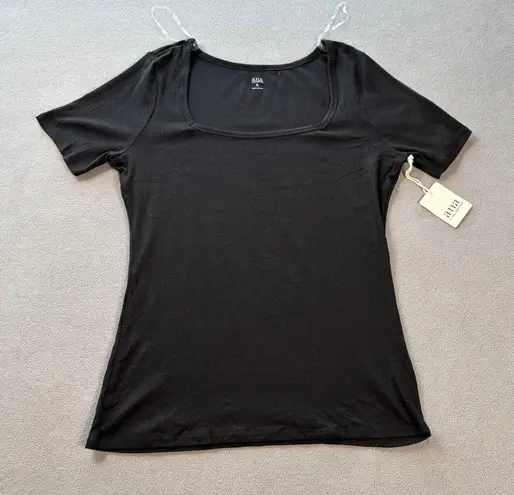 ANA A New Approach Top XL Women's Black Ribbed Knit Square Neck Short Sleeve NWT