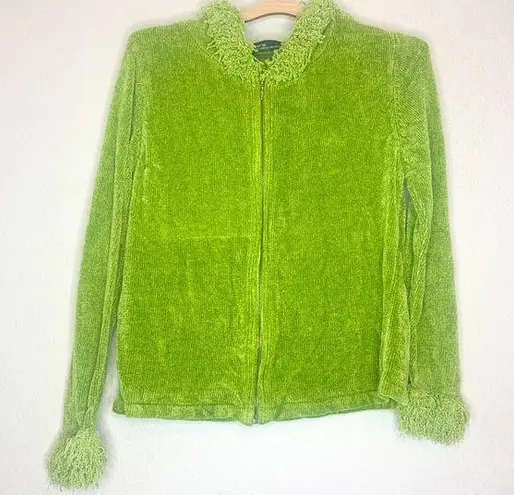 Valerie Stevens Vintage Y2K Green Super Soft Fluffy Fringe Trimmed Zip Up Hoodie Size L