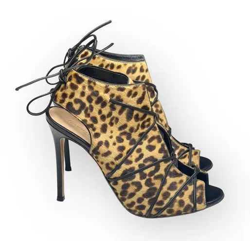 Gianvito Rossi 𒀭 Open Toe Stiletto Heel Bootie 𒀭Leopard Print Calf Hair 𒀭40