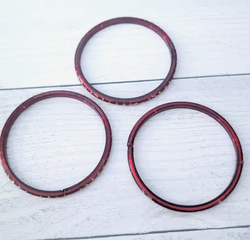 Set of 3 Dark Red Bangles with Gold Tone Glitter