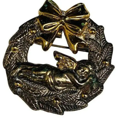 Christmas Pin Brooch Pendant BEST Wreath Sleeping Angel Cherub Baby Two Toned Gold