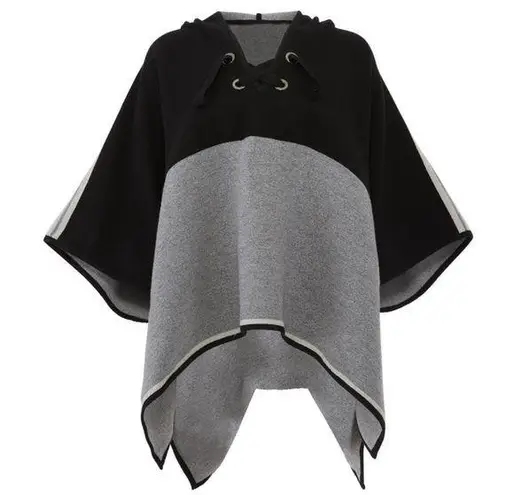 Ba&sh Lady Cape Colorblock Poncho Black Grey Lace Up Neckline Wool OSFM Western