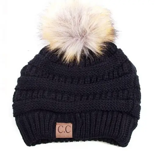 C.C Soft Stretch Ribbed Cable Knit Faux Super Soft Pom Beanie Hat Unisex OS BWT Black