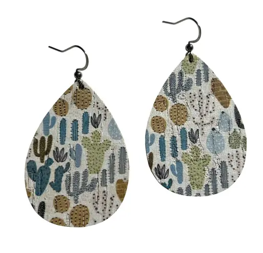 Handmade Cork on Genuine Leather Cactus Southwest Teardrop Earrings 2" New
