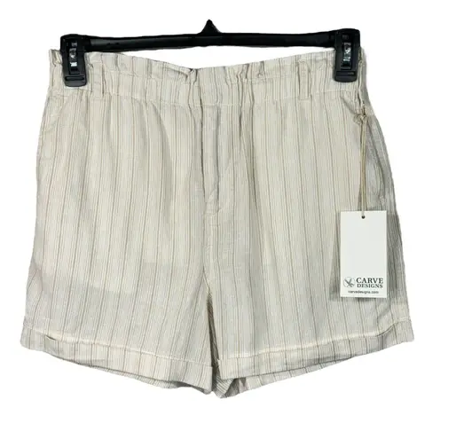Carve Designs SZ 8 Journey Linen Shorts Striped Cuffed Paperbag Waist Pocket Tan